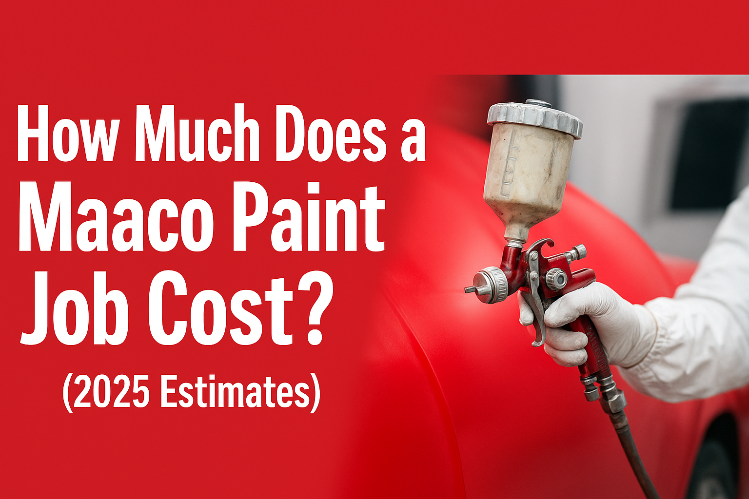 “Auto painter using a spray gun on a red car panel with text overlay asking how much a Maaco paint job costs in 2025.”
