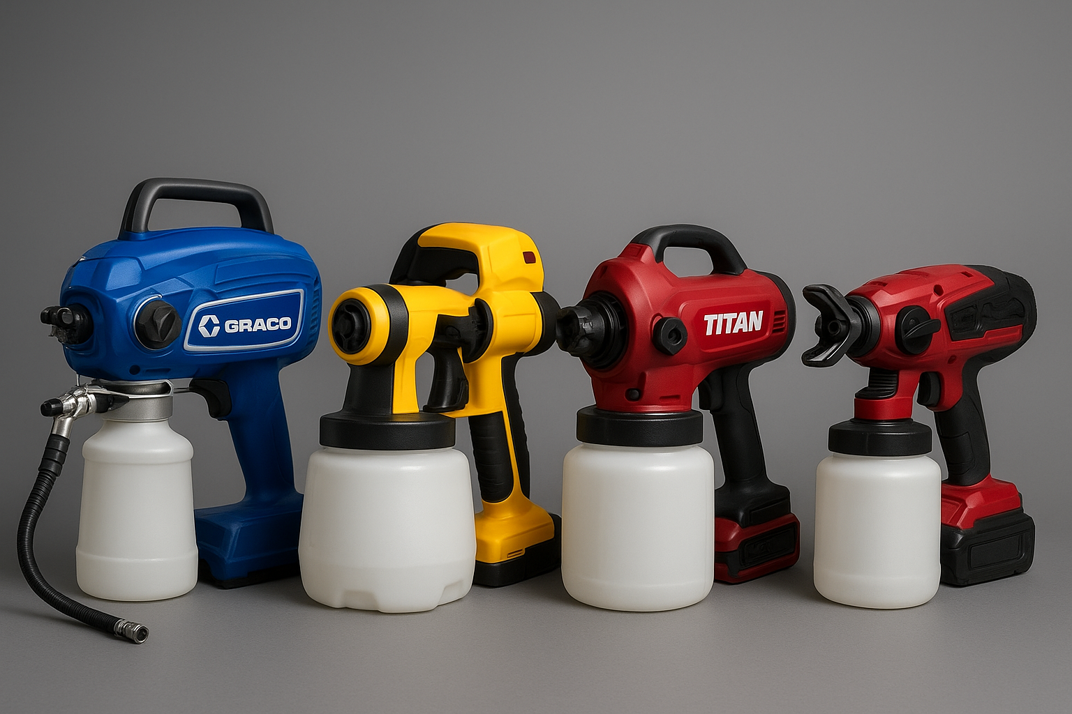 A hero image of multiple sprayers side by side (Graco, Wagner, Titan, cordless).