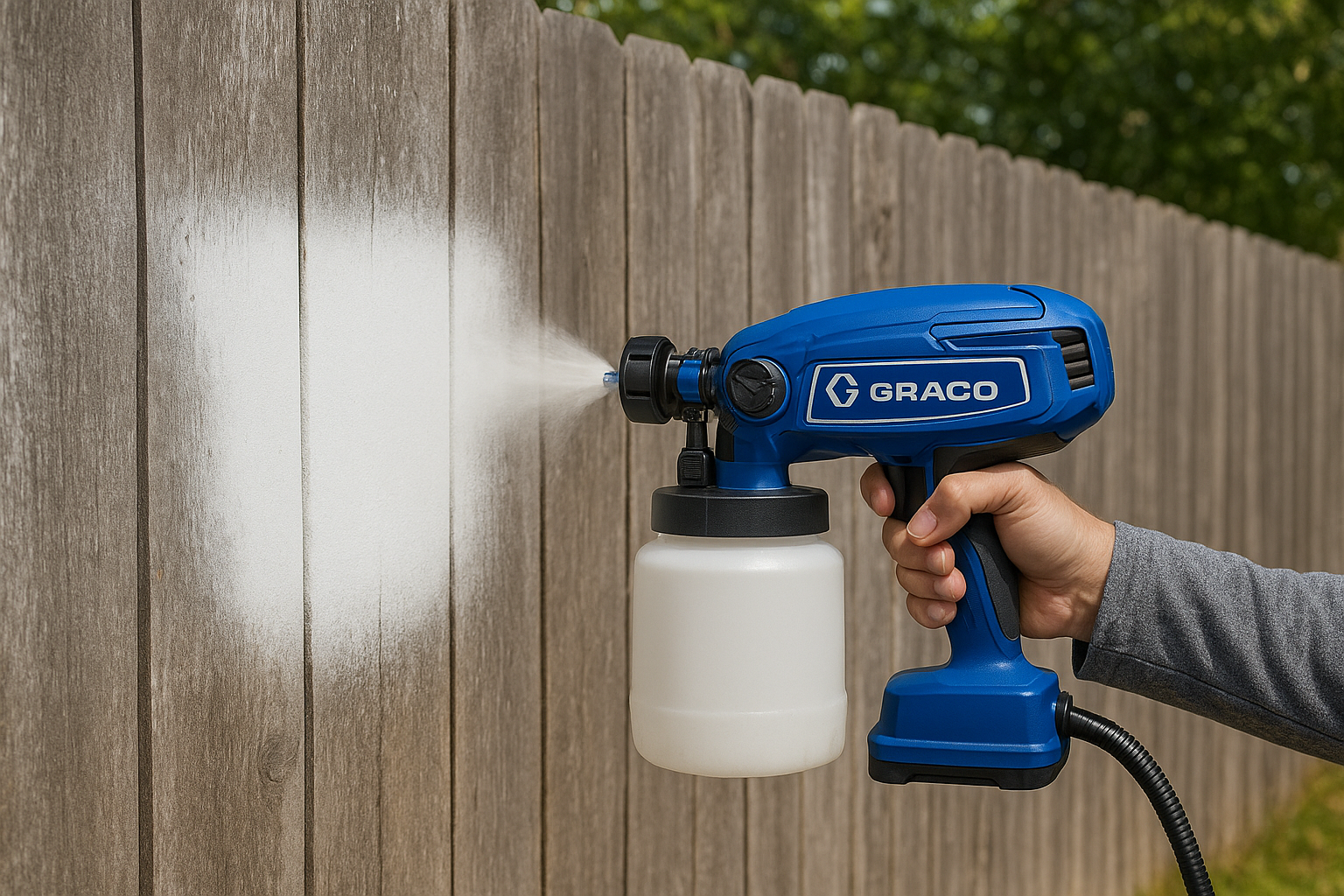“Testing setup” photo with sprayer in action on a wall/fence.