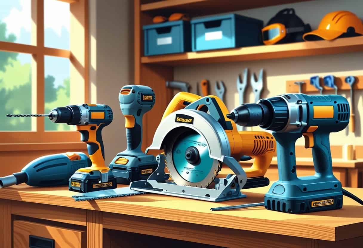 A variety of power tools including a cordless drill, circular saw, jigsaw, electric sander, and nail gun arranged on a wooden workbench in a workshop.