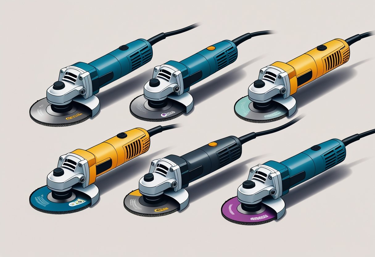 A detailed illustration of four different angle grinders arranged side by side on a plain background.