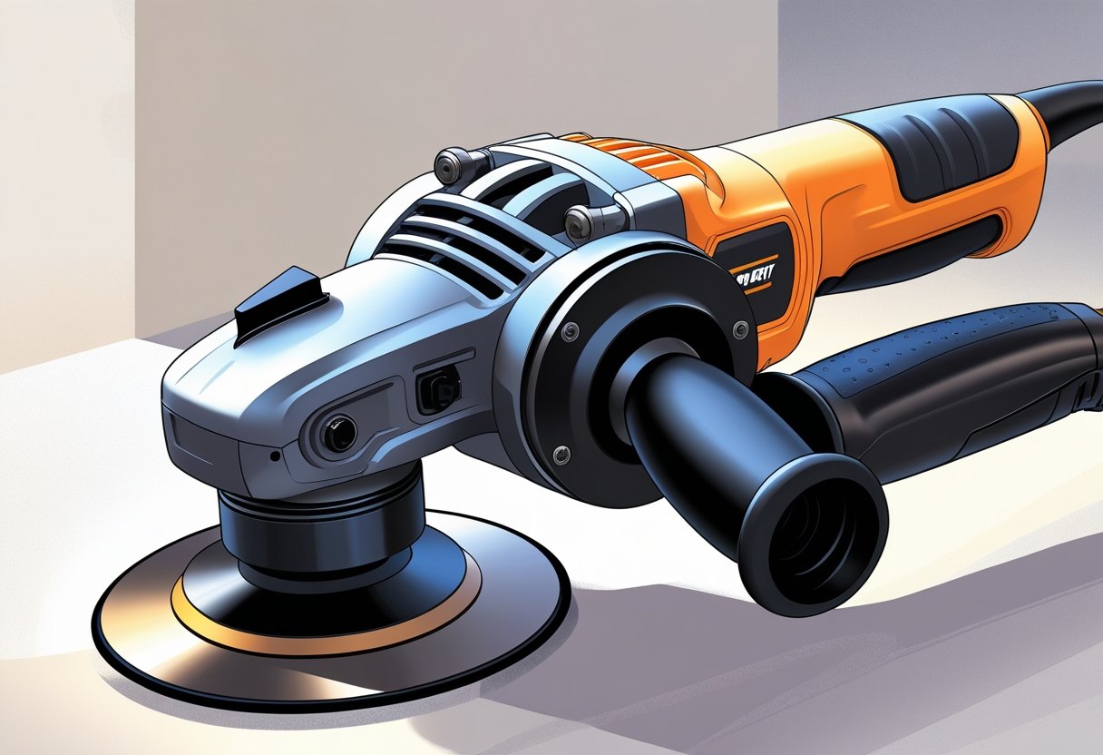 Close-up view of a modern angle grinder showcasing its safety guard and ergonomic handle.